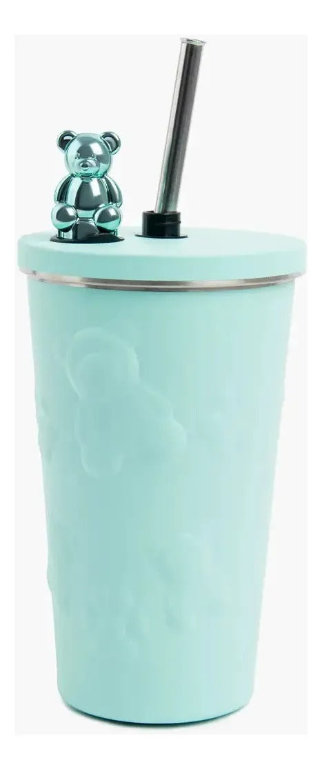 Vaso Térmico Acero Inox Con Tapa + Sorbete Metal Osito