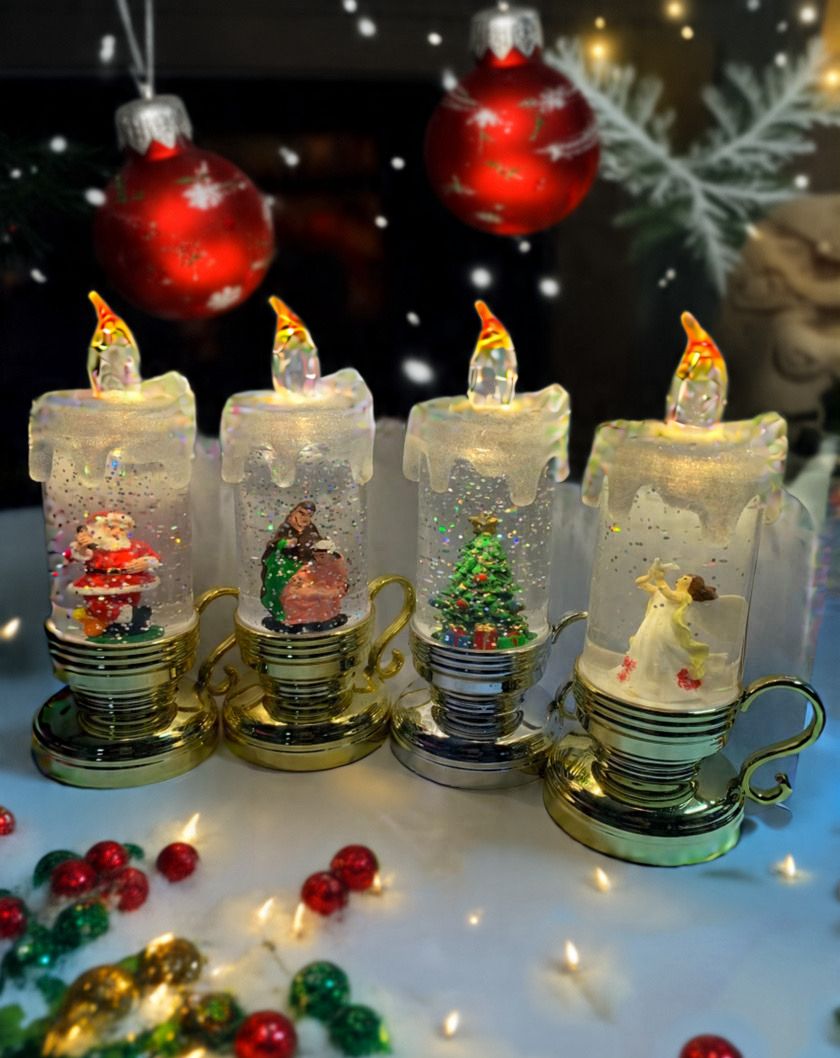 Vela Navideña Llena De Agua Con Purpurina Y Cristal Navideño