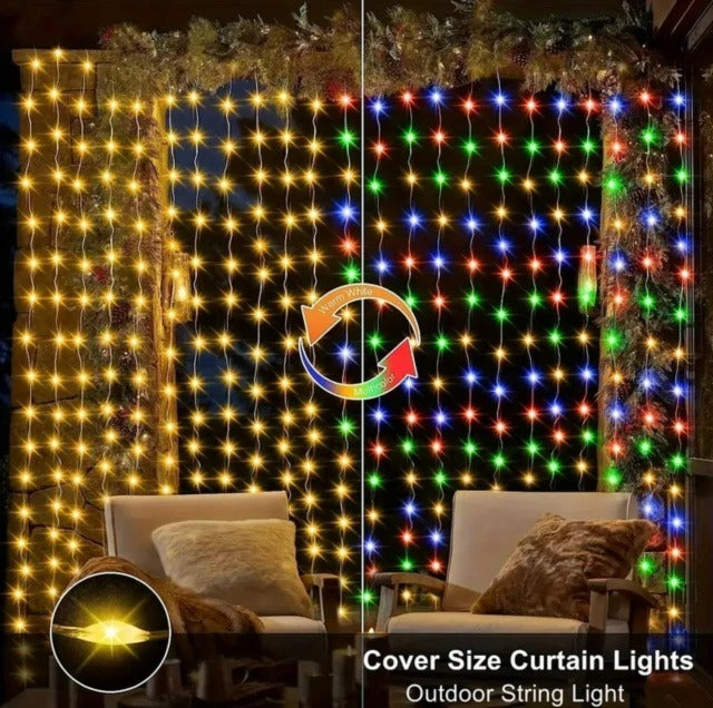 Luces Cascada Malla Led Solar 3x3mts Navidad Decoración