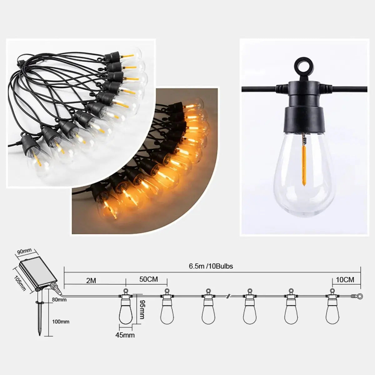 Guirnalda Led Solar 10 M Y 10 Ampolletas Exterior + Control