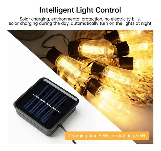 Guirnalda Con Panel Solar Con 20 Ampolletas Led 20m Cálido
