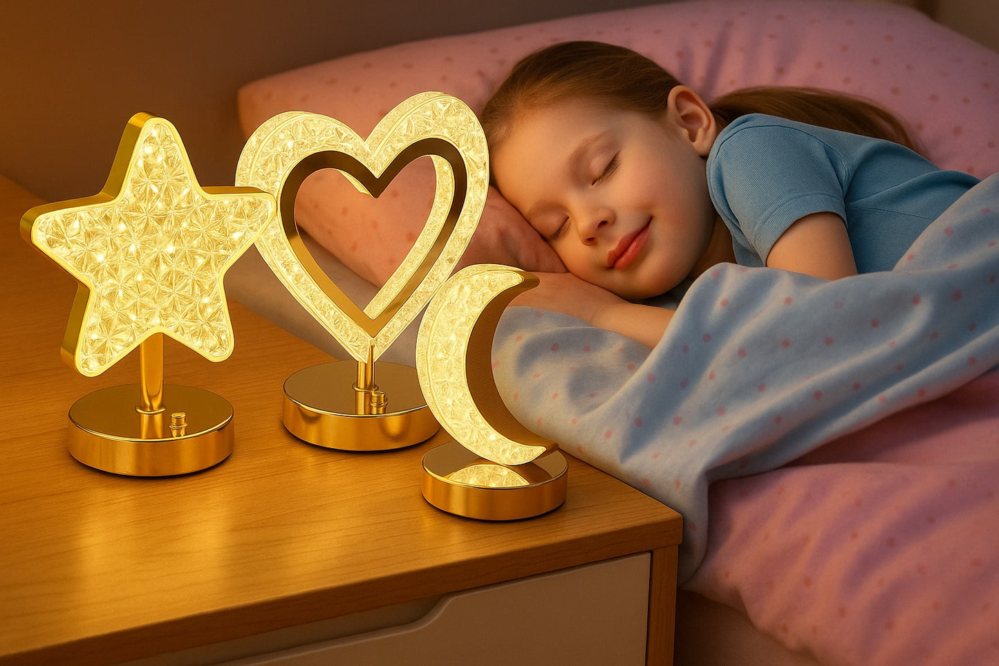 Lámparas Escritorio Led Luz Noche Corazon,  Luna y Estrella Lámparas Decorativa Oro Rosa