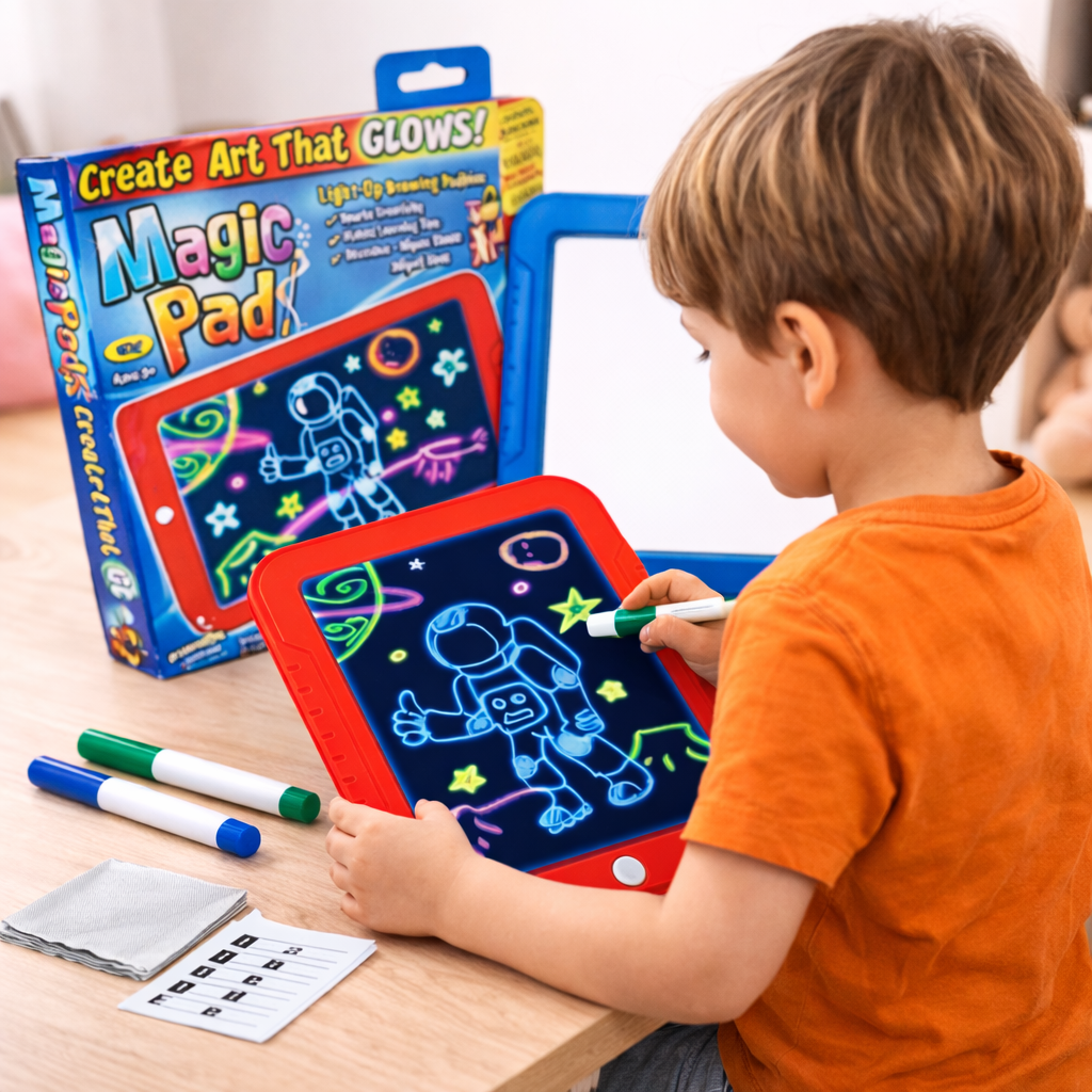 Niño dibujando en pizarra mágica LED con pantalla iluminada reutilizable efecto luz neón