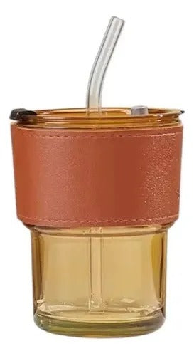 Vaso De Vidrio 350ml Con Bombilla Y Tapa Hermética Marrón