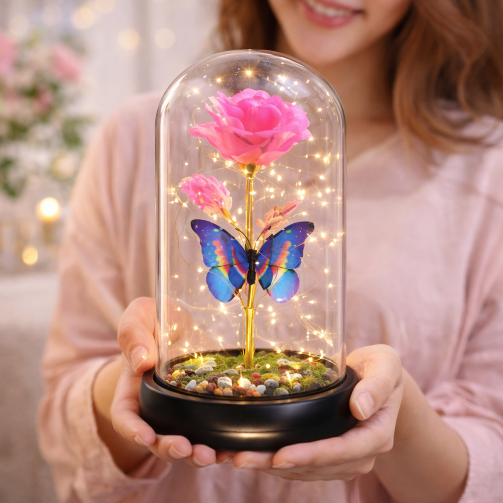 Rosa Eterna Luces Led Flor Eterna Artificial Cúpula Vidrio C8026 y C8029