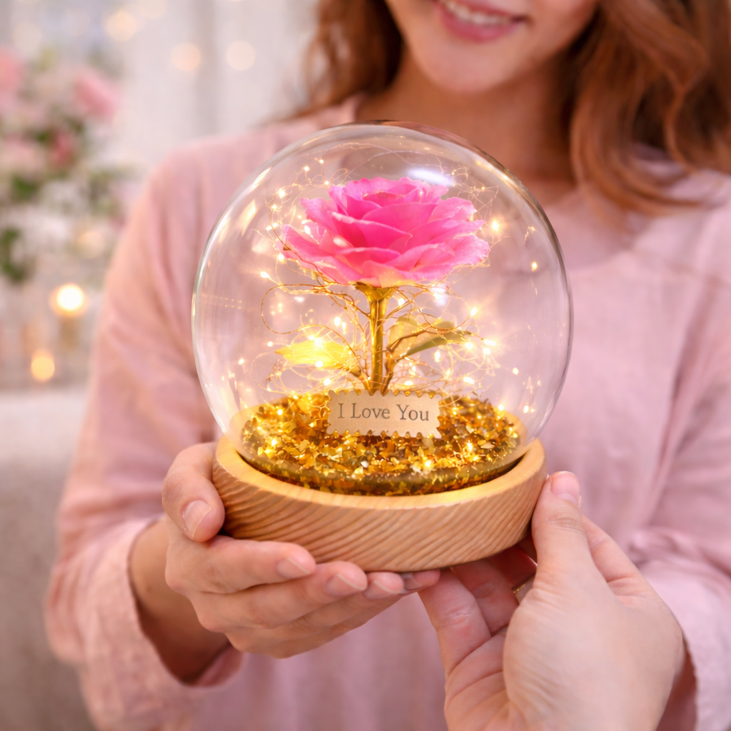 Rosa Eterna Luces Led Cúpula Vidrio Flor Eterna Artificial C8027