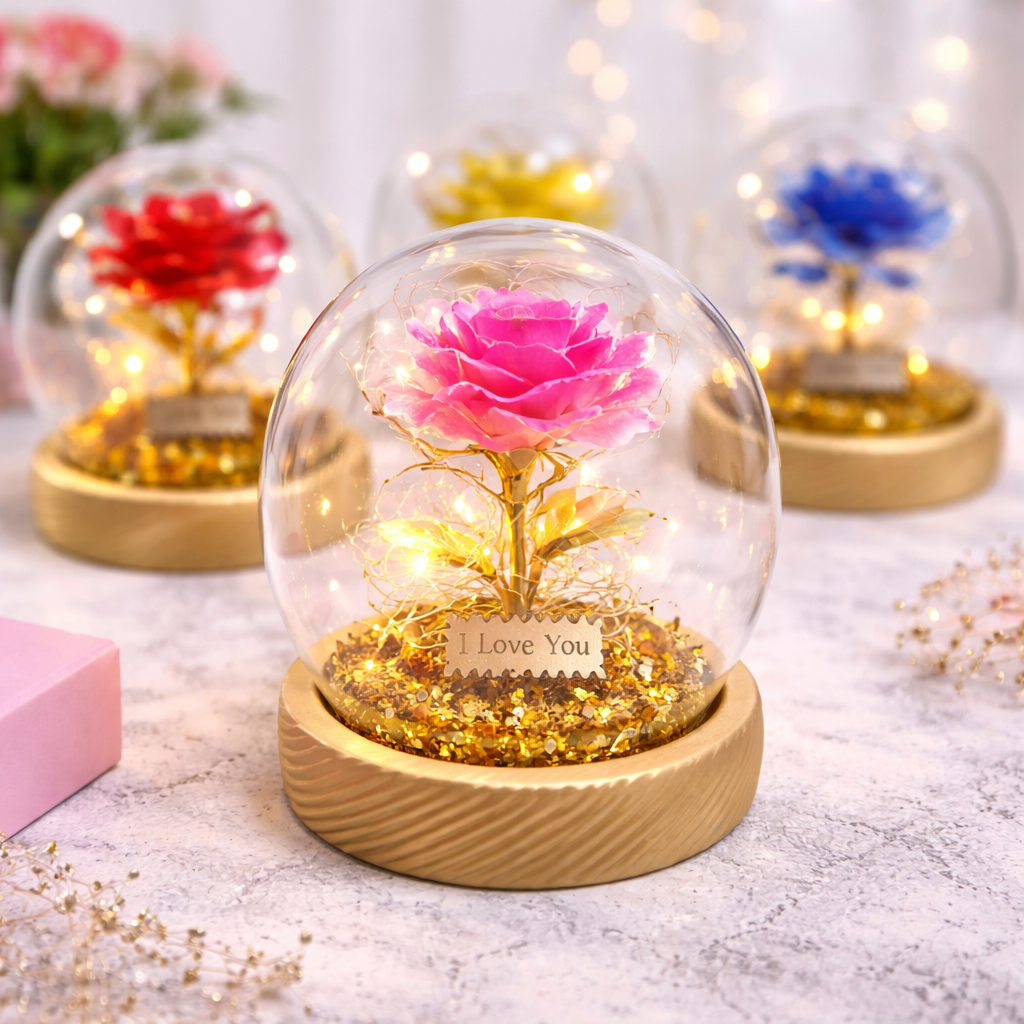 Rosa Eterna Luces Led Cúpula Vidrio Flor Eterna Artificial C8027