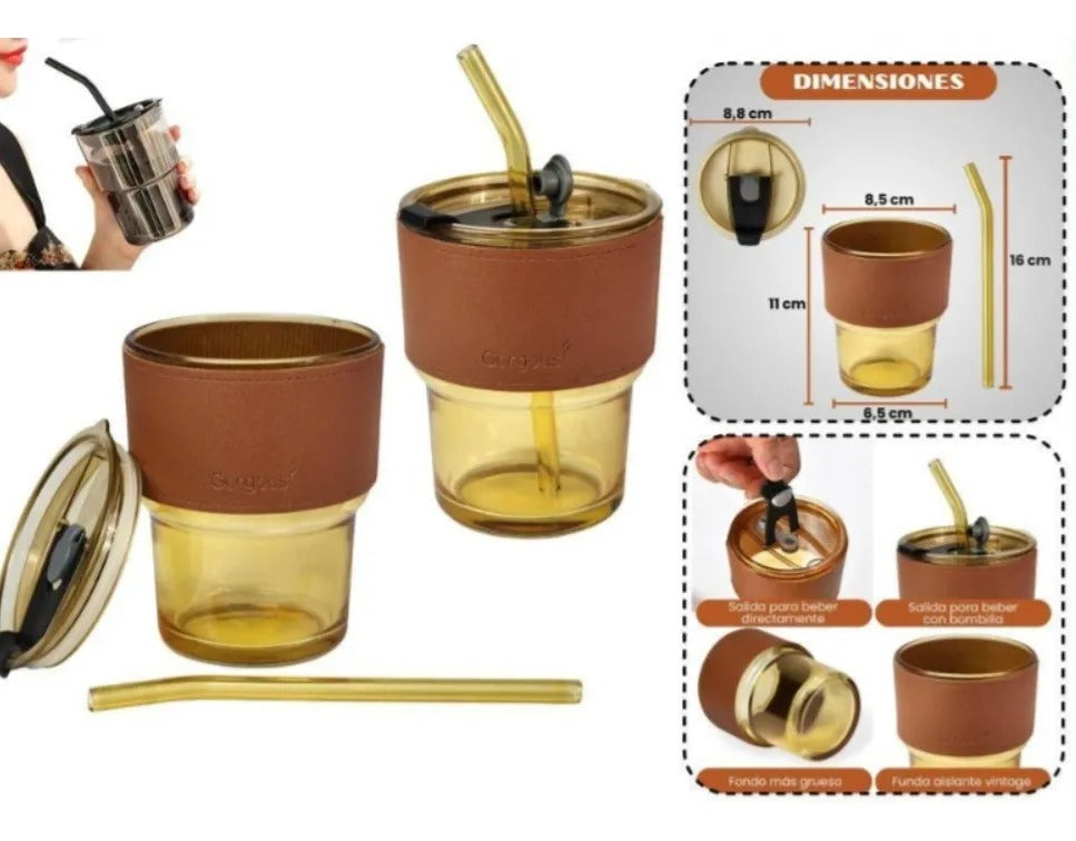 Vaso De Vidrio 350ml Con Bombilla Y Tapa Hermética Marrón