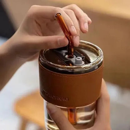 Vaso De Vidrio 350ml Con Bombilla Y Tapa Hermética Marrón
