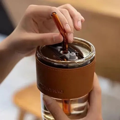 Vaso De Vidrio 350ml Con Bombilla Y Tapa Hermética Marrón