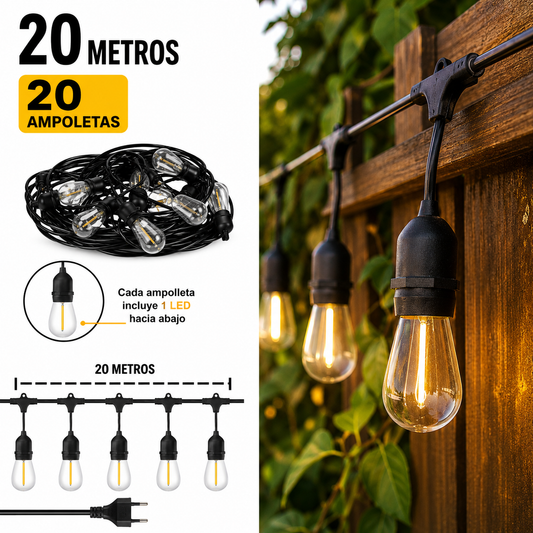 Guirnalda de Luces 20 Metros con 20 Ampolletas LED y Enchufe