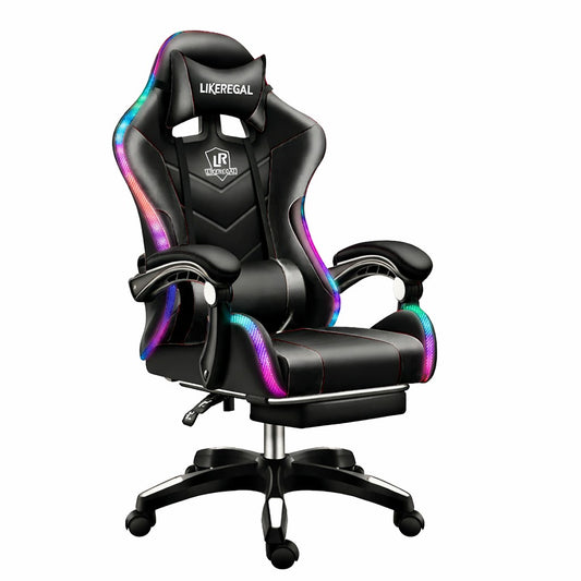 Silla Gamer RGB con Parlantes, Reposapiés y Masajeador Lumbar en Cuero Sintético