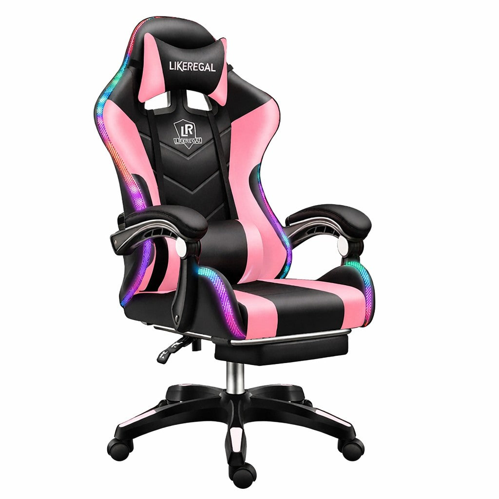 Silla Gamer RGB con Parlantes, Reposapiés y Masajeador Lumbar en Cuero Sintético