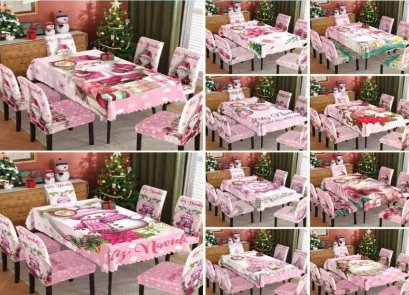 Set Mantel + 6 Fundas Sillas Navidad Rosado Pack 7 Piezas