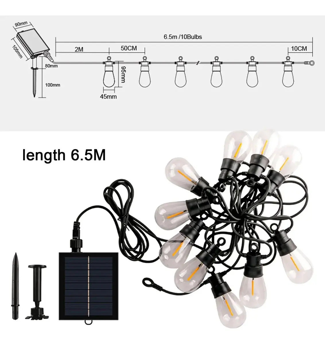 Guirnalda Led Solar 10 M Y 10 Ampolletas Exterior + Control