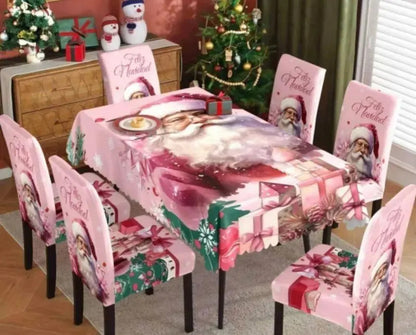 Set Mantel + 6 Fundas Sillas Navidad Rosado Pack 7 Piezas