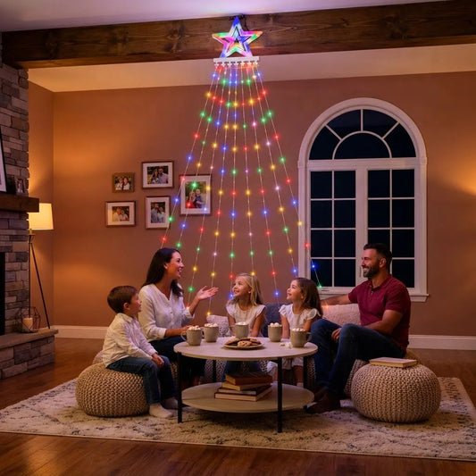 Árbol Cascada Luces Led Solar Estrella Navidad 2.3m