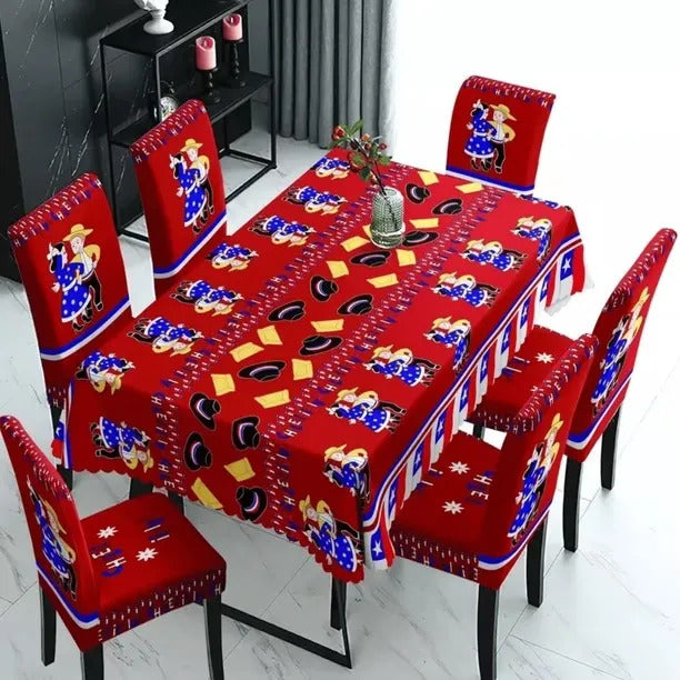 Set Mantel Con 6 Fundas Sillas Elásticas Para Fiestas Patria