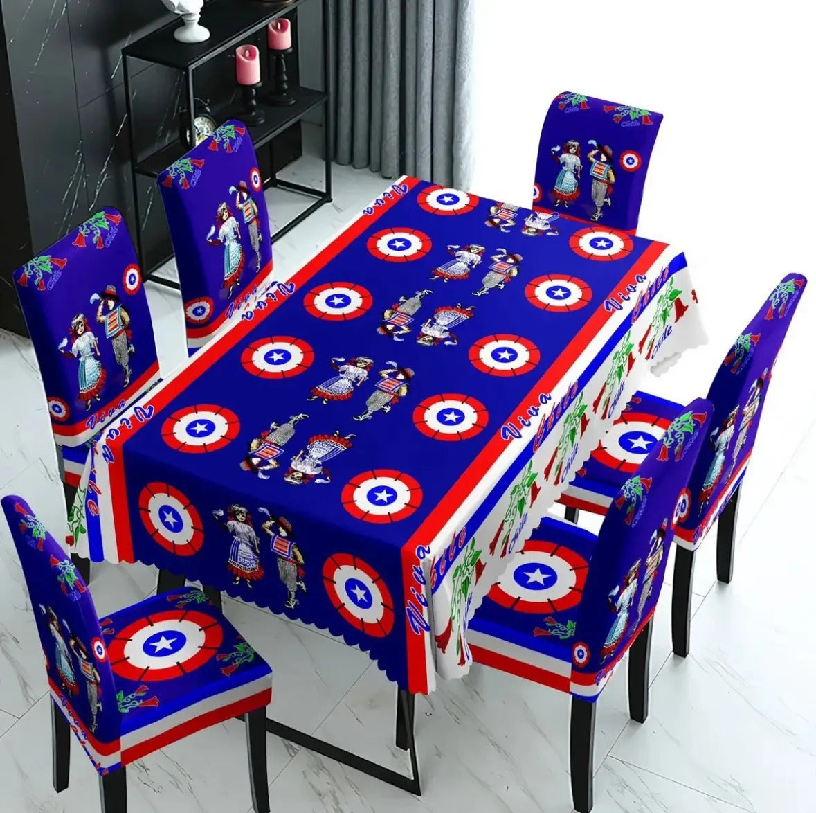 Set Mantel Con 6 Fundas Sillas Elásticas Para Fiestas Patria