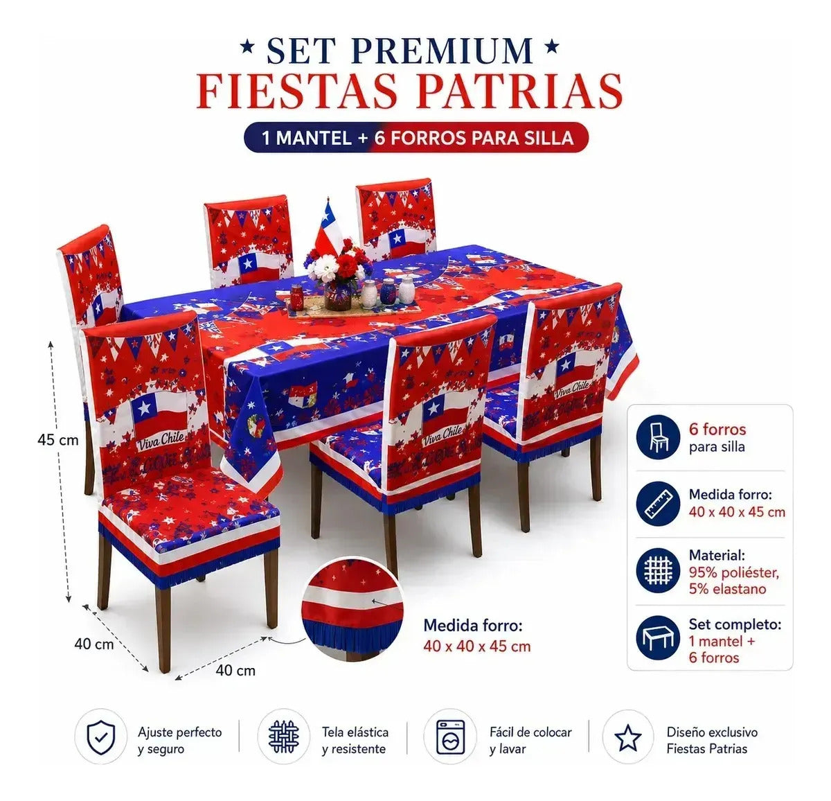 Set Mantel Con 6 Fundas Sillas Elásticas Para Fiestas Patria