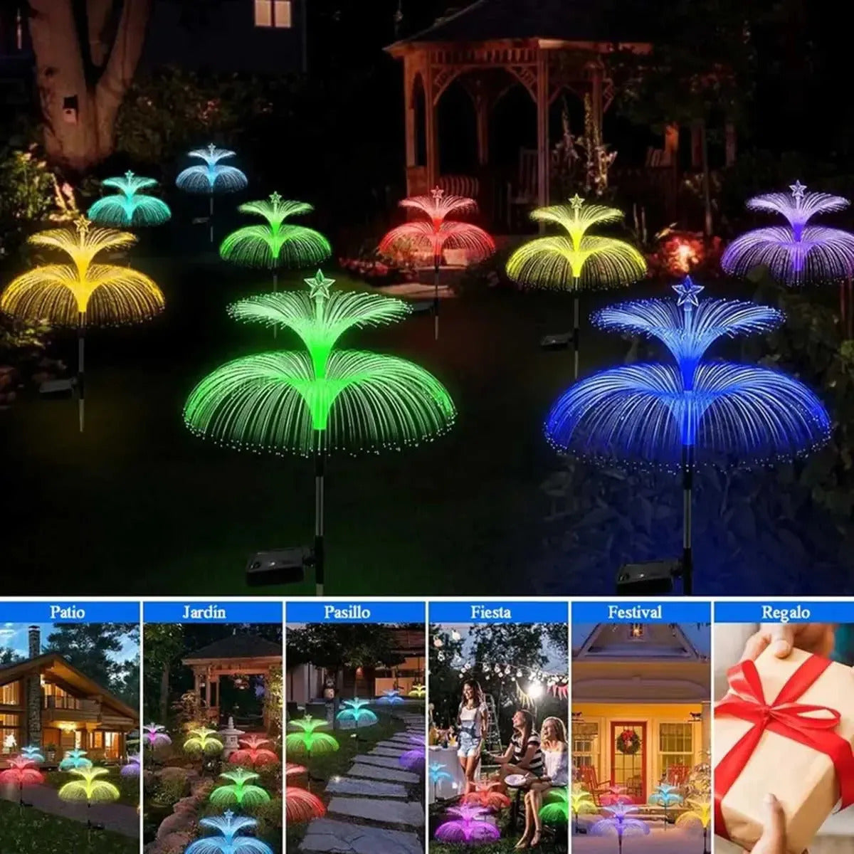 2 Luces Estaca Solar Forma De Medusa de Fibra Multicolor paraJardín