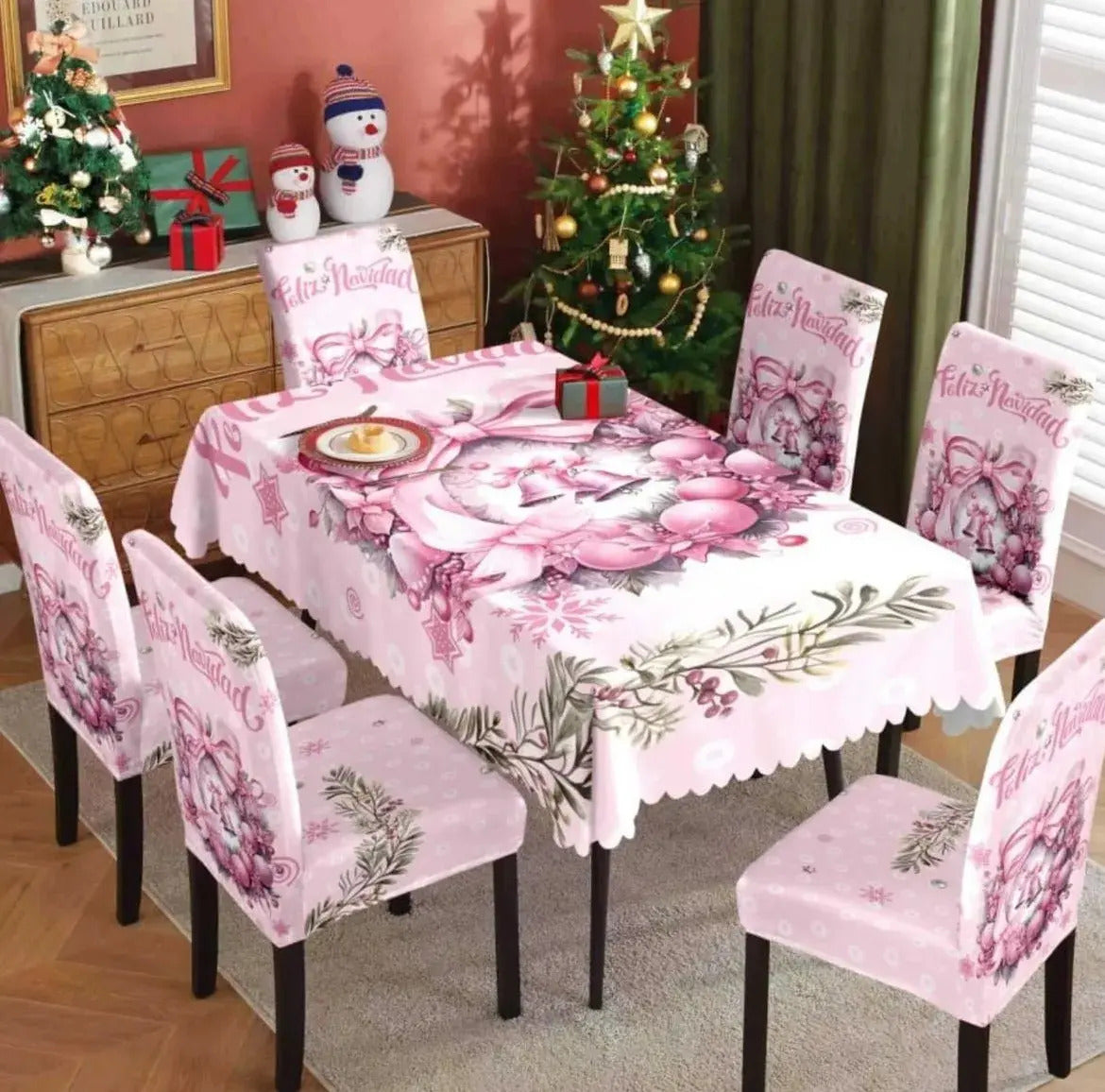 Set Mantel + 6 Fundas Sillas Navidad Rosado Pack 7 Piezas