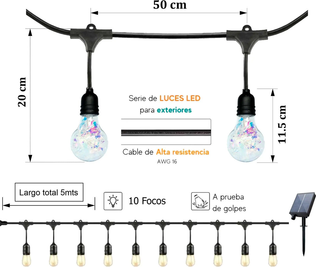 Guirnalda 10 Ampolletas Led Multicolor Solar Terraza Patio