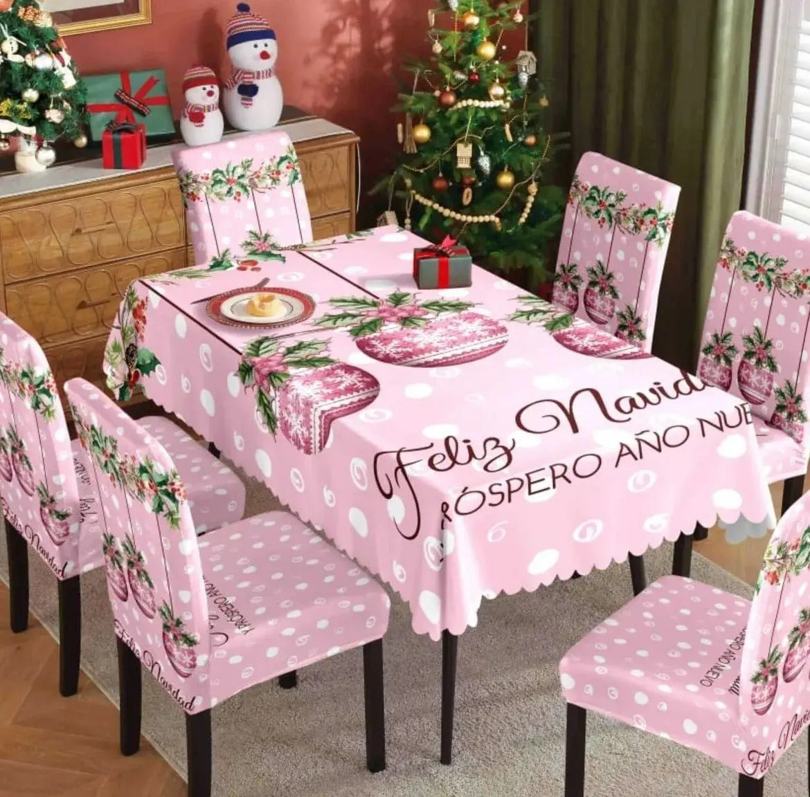 Set Mantel + 6 Fundas Sillas Navidad Rosado Pack 7 Piezas