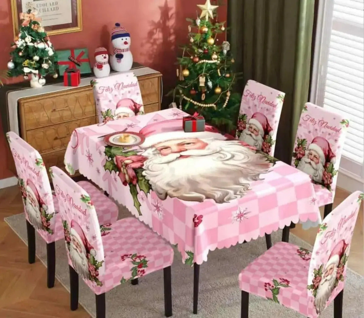 Set Mantel + 6 Fundas Sillas Navidad Rosado Pack 7 Piezas