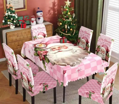 Set Mantel + 6 Fundas Sillas Navidad Rosado Pack 7 Piezas