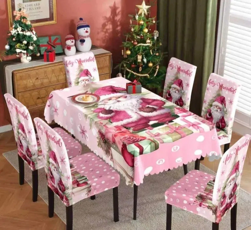 Set Mantel + 6 Fundas Sillas Navidad Rosado Pack 7 Piezas