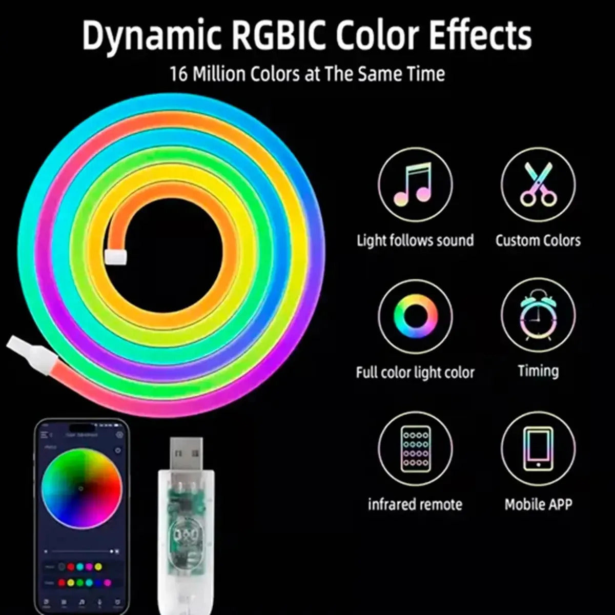 Tira LED Neón RGB Magic 5M IP67 USB con Bluetooth y Control