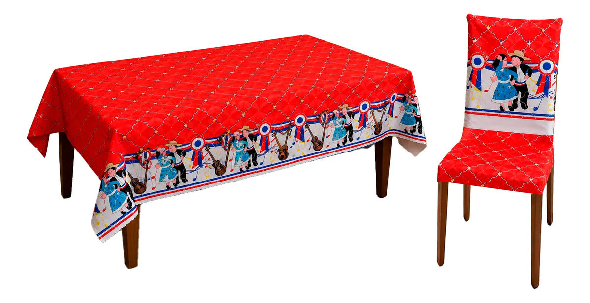 Set Mantel Con 6 Fundas Sillas Elásticas Para Fiestas Patria