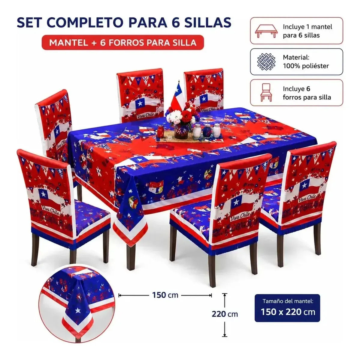 Set Mantel Con 6 Fundas Sillas Elásticas Para Fiestas Patria