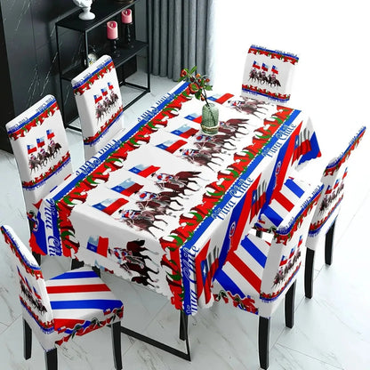 Set Mantel Con 6 Fundas Sillas Elásticas Para Fiestas Patria