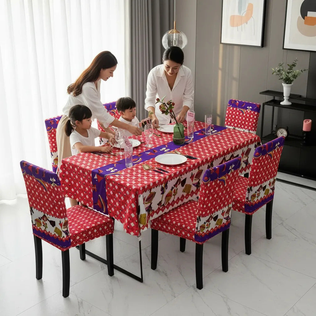 Set Mantel Con 6 Fundas Sillas Elásticas Para Fiestas Patria
