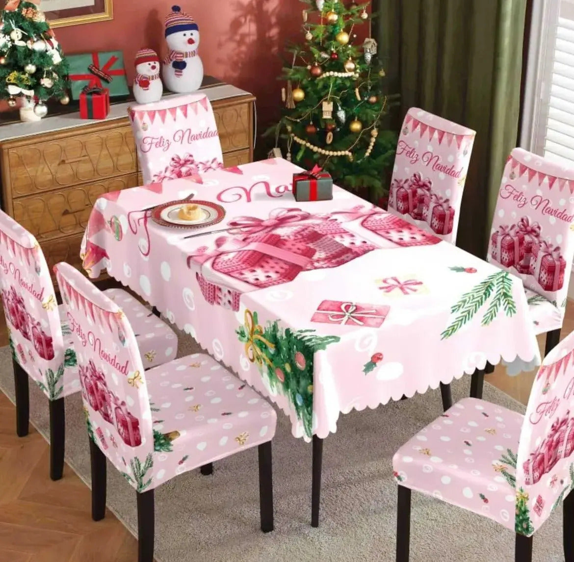 Set Mantel + 6 Fundas Sillas Navidad Rosado Pack 7 Piezas