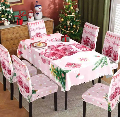Set Mantel + 6 Fundas Sillas Navidad Rosado Pack 7 Piezas
