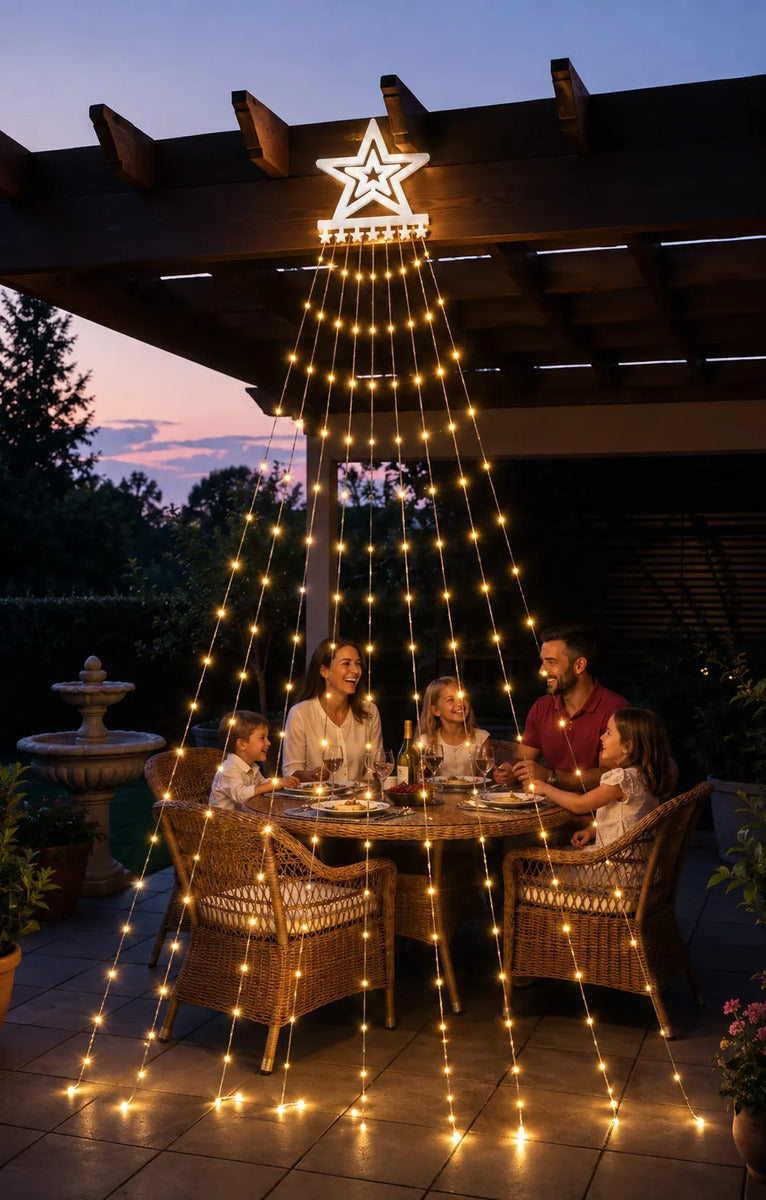 Árbol Cascada Luces Led Solar Estrella Navidad 2.3m