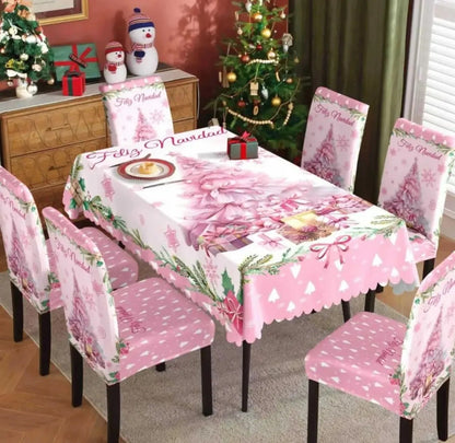 Set Mantel + 6 Fundas Sillas Navidad Rosado Pack 7 Piezas