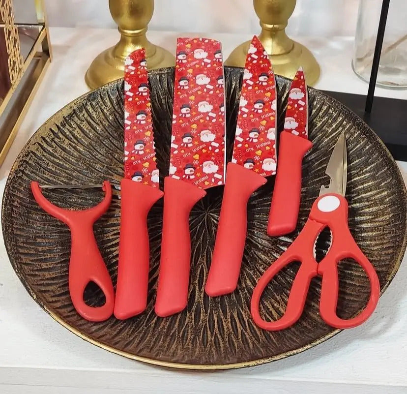 Set de Cuchillos de Cocina Navidad 6 Piezas – Cuchillos, Tijeras y Pelapapas