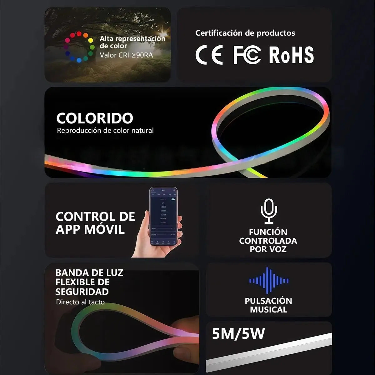 Tira LED Neón RGB Magic 5M IP67 USB con Bluetooth y Control