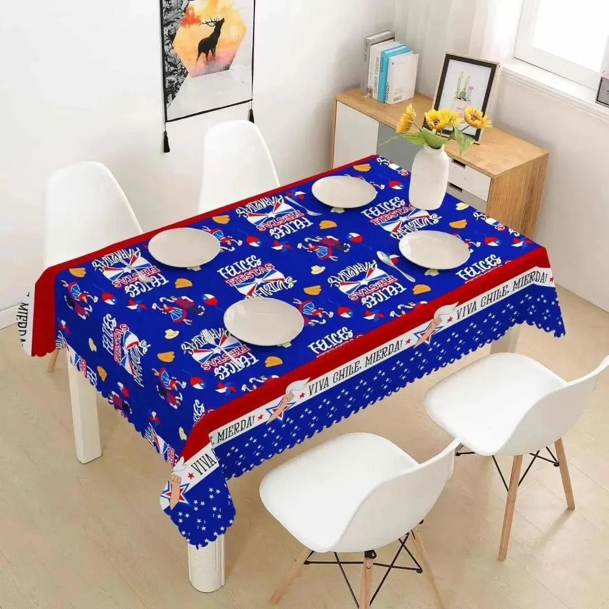 Set Mantel Con 6 Fundas Sillas Elásticas Para Fiestas Patria