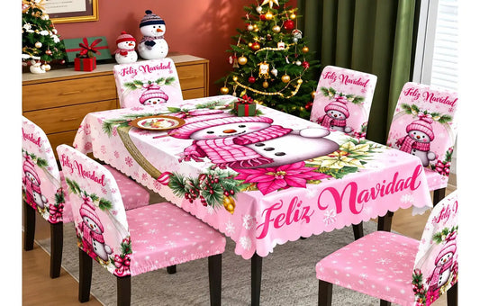 Set Mantel + 6 Fundas Sillas Navidad Rosado Pack 7 Piezas