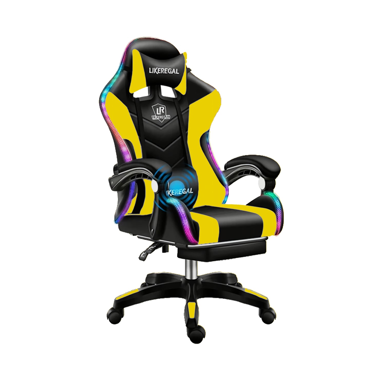 Silla Gamer RGB con Parlantes, Reposapiés y Masajeador Lumbar en Cuero Sintético