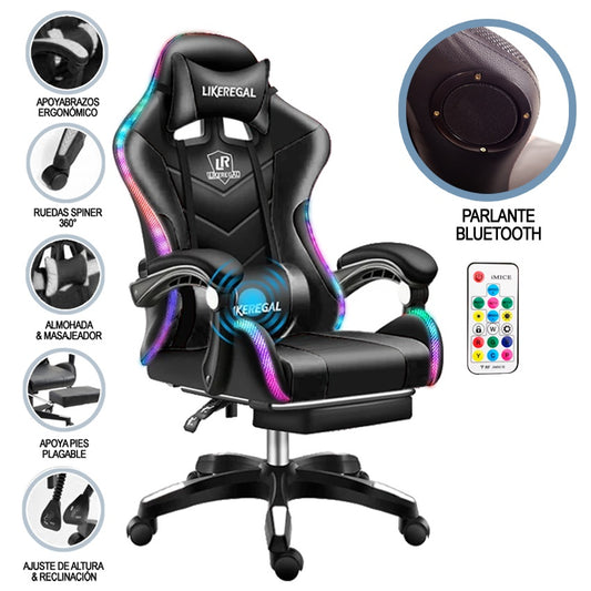 Silla Gamer RGB con Parlantes, Reposapiés y Masajeador Lumbar en Cuero Sintético