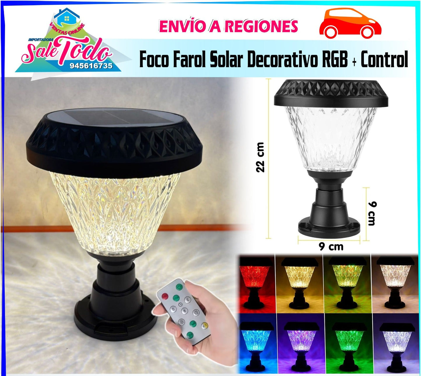 Foco Farol Solar Decorativo RGB + Control ELE078