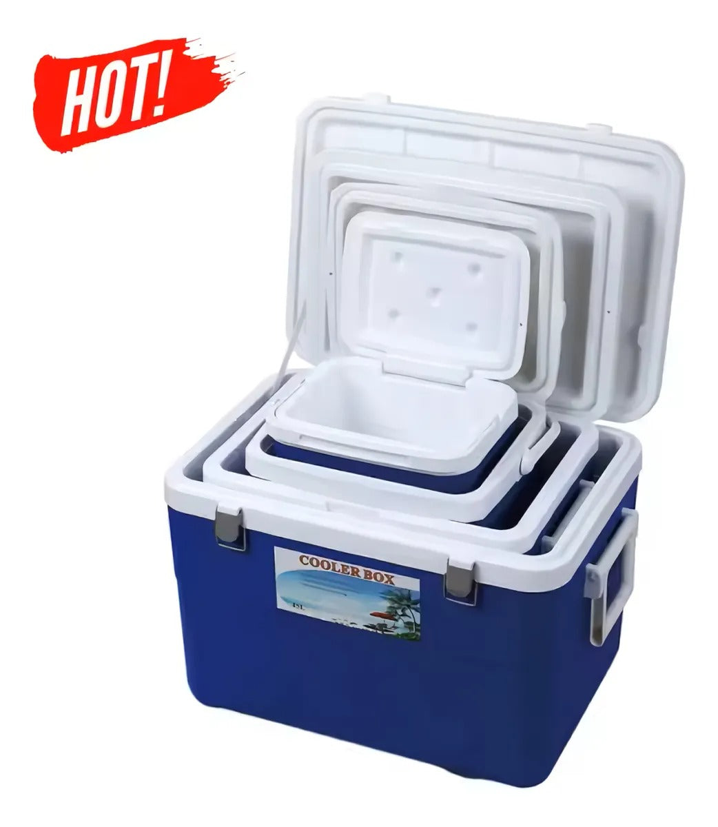Combo cooler 4 piezas con hieleras portátiles de 5L, 13L, 21L y 45L, color azul con tapa blanca, ideales para camping, playa, picnic y viajes, mantienen bebidas y alimentos fríos por más tiempo, diseño resistente y fácil de transportar.