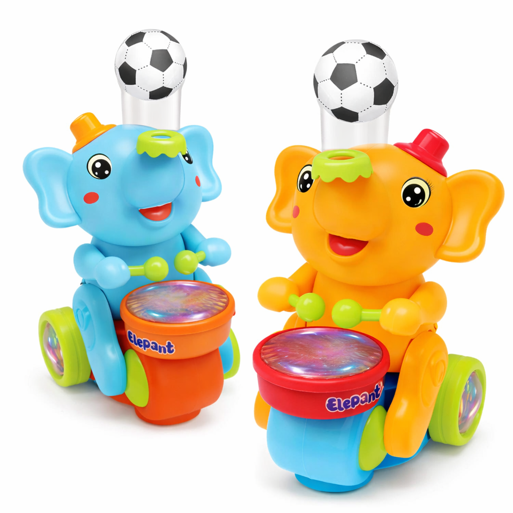 Juguete elefante interactivo con tambor luminoso, luz y sonido modelo C664B en colores azul y amarillo sobre fondo blanco.