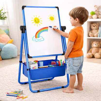 Niño usando pizarra doble cara con atril infantil 52x47 cm dibujando en casa